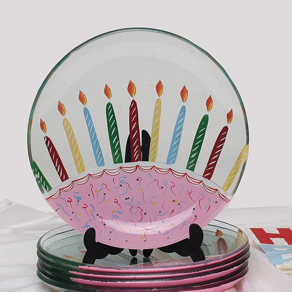Fifth Avenue Crystal Six Individual Sliced Birthday Cake Plates Guy or Gal